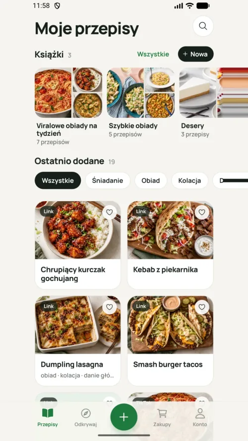 Ekran „Twoje przepisy” w aplikacji Szczypta